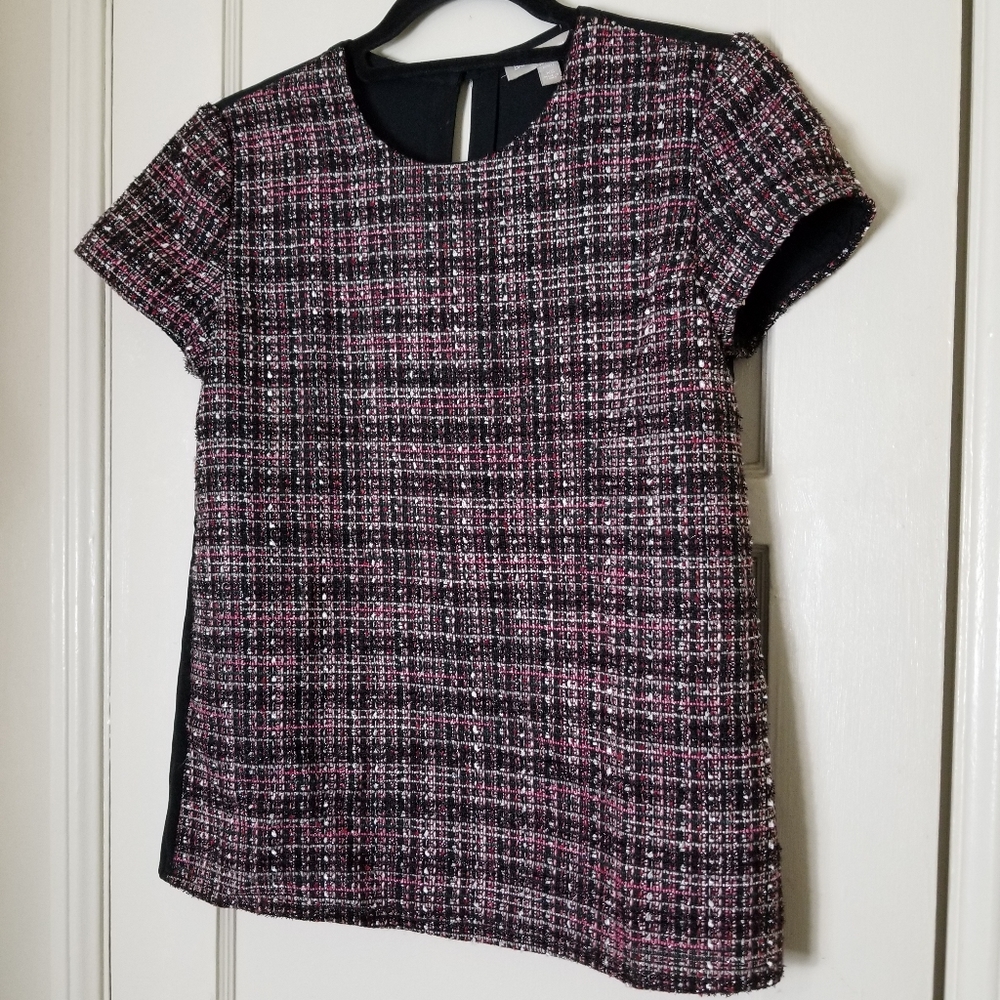 BANANA REPUBLIC black back tweed wool metallic front short sleeve top - Picture 3 of 9